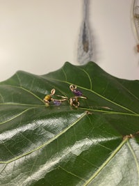 a pair of earrings sitting on a leaf