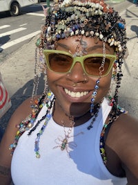 a woman with a beaded headband